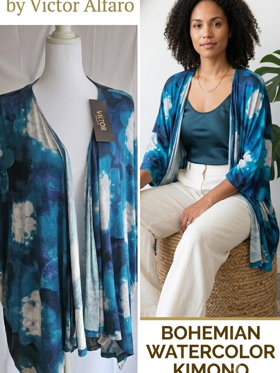 Victor Alfaro Jackets & Blazers - ​Victor Alfaro NWT Blue Watercolor Kimono Cardigan L